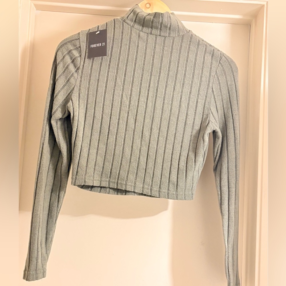 Forever 21 Ribbed Long Sleeve Crop Top - Gray